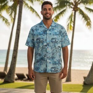NWT Margaritaville Men’s Hawaiian Shirt Blue Ocean Fish Print Island Resort L